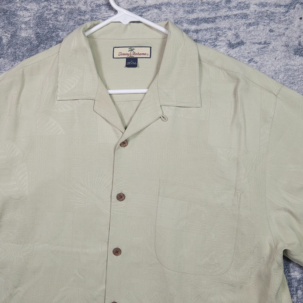Tommy Bahama Shirt Mens M Beige Floral Palm Silk Short Sleeve Hawaiian Camp